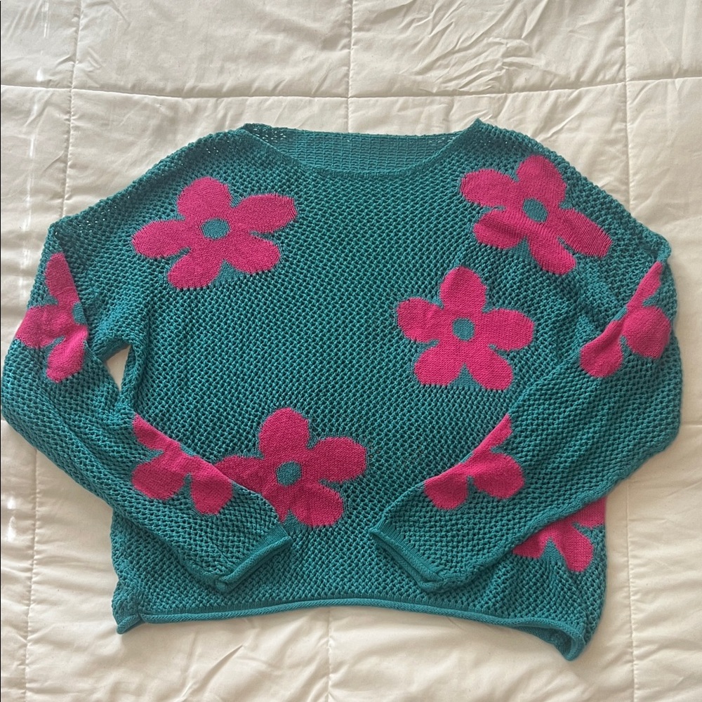 Teal and Pink Floral Women Sweater